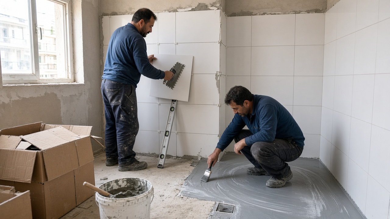 Derz Banyo ustaları banyoda seramik ve yalıtım yaparken