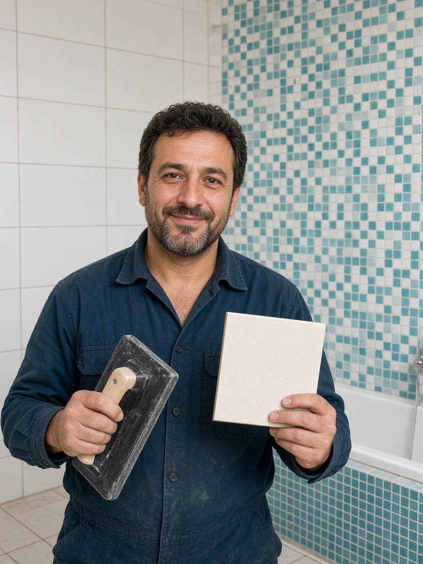 Derz Banyo ustası derz malası ve seramik numunesiyle